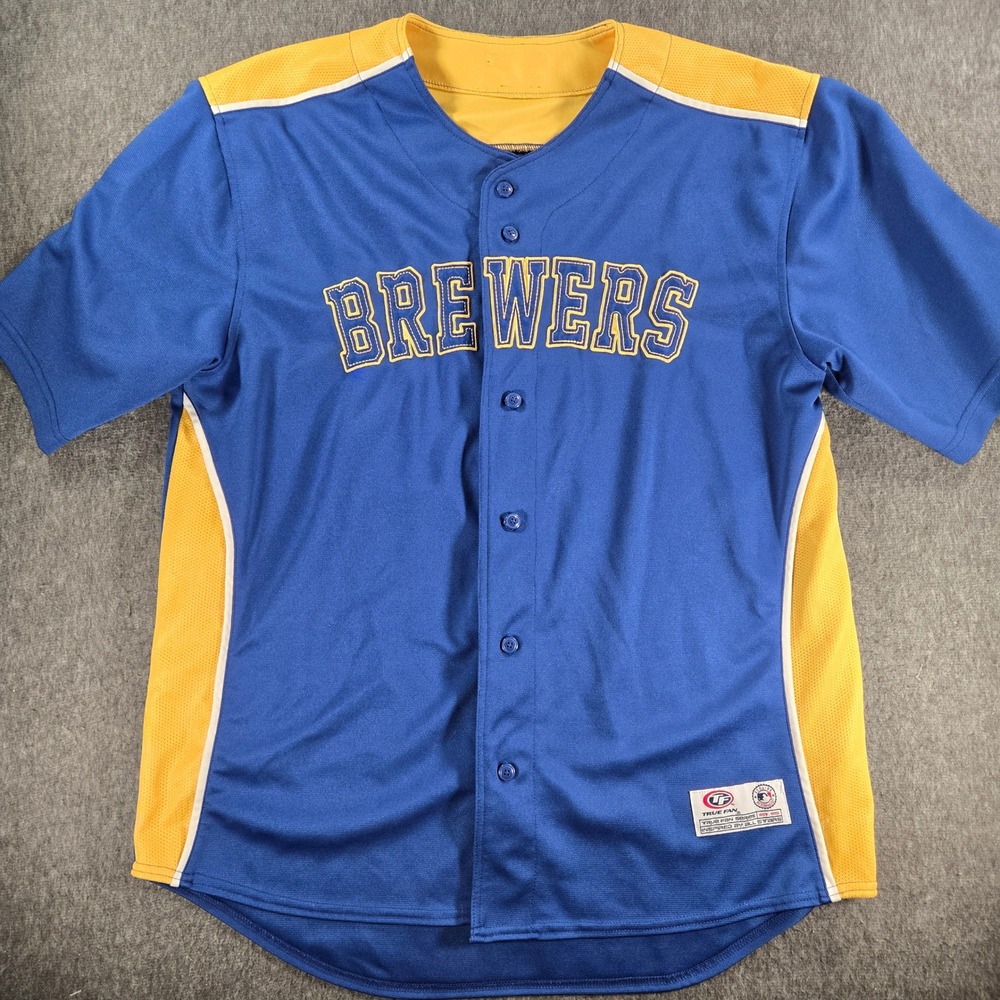 True Fan Milwaukee Brewers Baseball Jersey Mens XL Blue Yellow Embroidered MLB